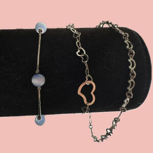 Silver Tone Bracelet Trio – Beaded, Heart Link & Twisted Chain